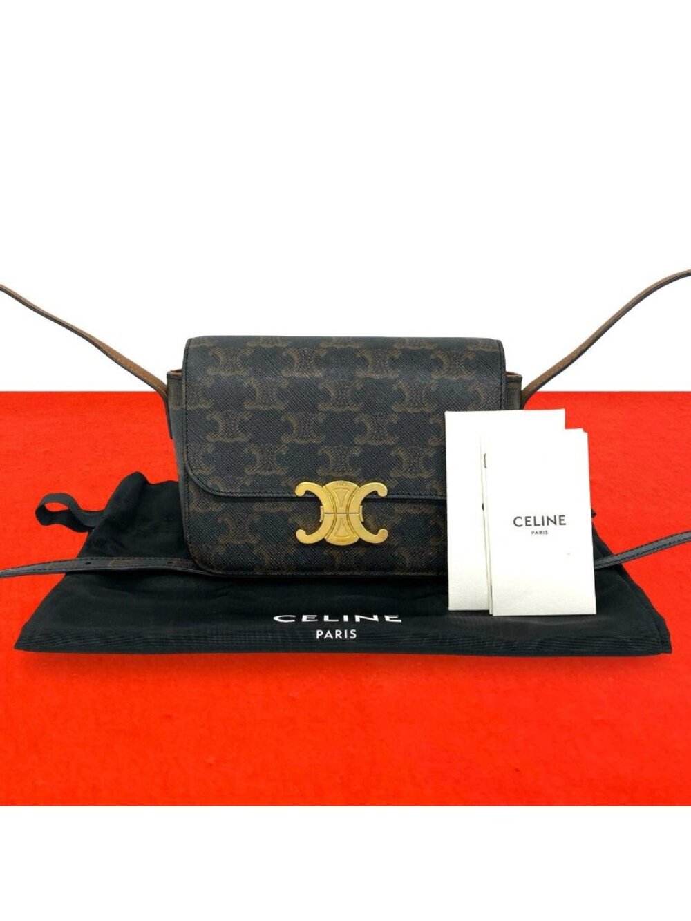 Celine Triomphe Mini Shoulder Logo Leather Bag Pochette Brown